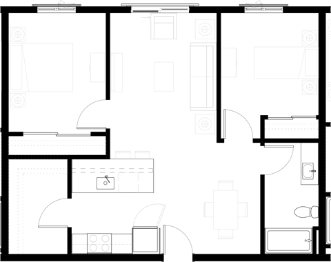 Floor plan for 2 beds, 1 bath, 956 sqft